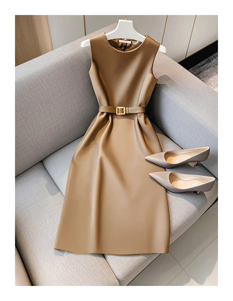 Elegant Women's Formal Dress With Belt Summer New Fashion Solid Color O-Neck Sleeveless High Waist OL Midi Party Vestidos 223P GONZALES ONLINE SHOP