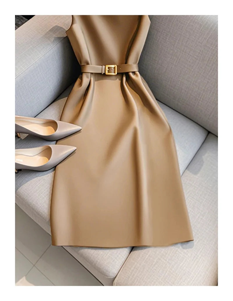 Elegant Women's Formal Dress With Belt Summer New Fashion Solid Color O-Neck Sleeveless High Waist OL Midi Party Vestidos 223P GONZALES ONLINE SHOP