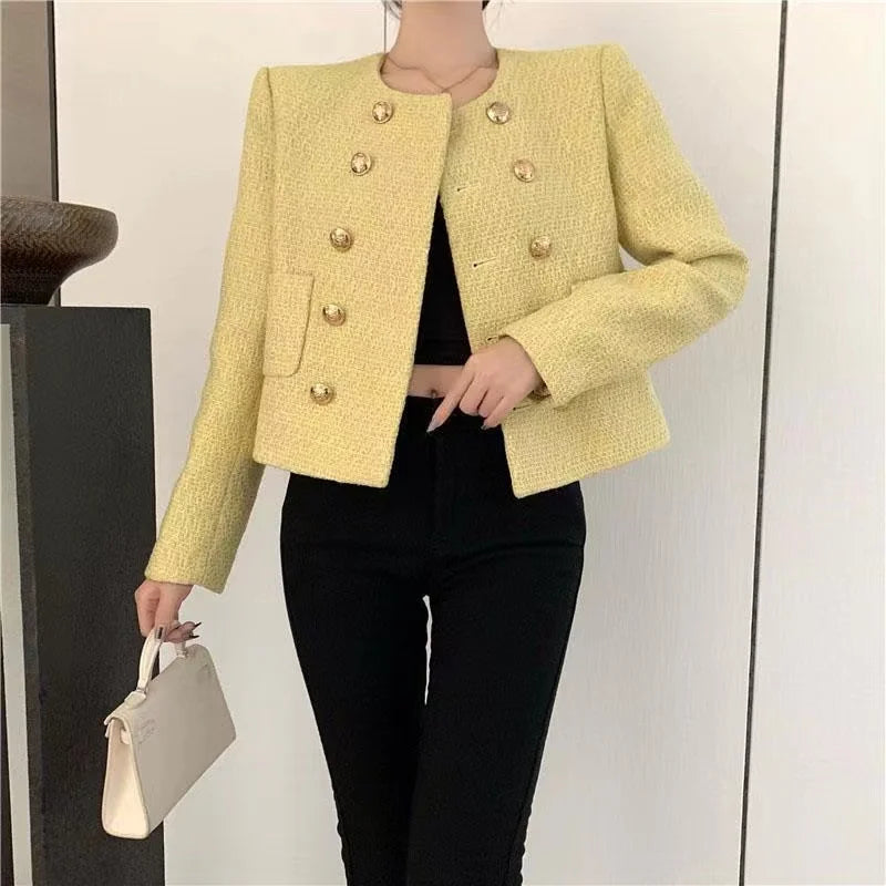 Chic Yellow Tweed Jacket Women  Autumn Double Breasted O-neck Woolen Coat Ladies Office Winter Elegant Street Outerwear GONZALES ONLINE SHOP