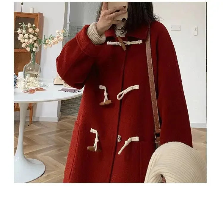 Women Chic Horn Button Long Blends Coats Solid Colors Warm Autumn Winter Coats Big Pockets Elegant Commute Outwears New Parkas GONZALES ONLINE SHOP