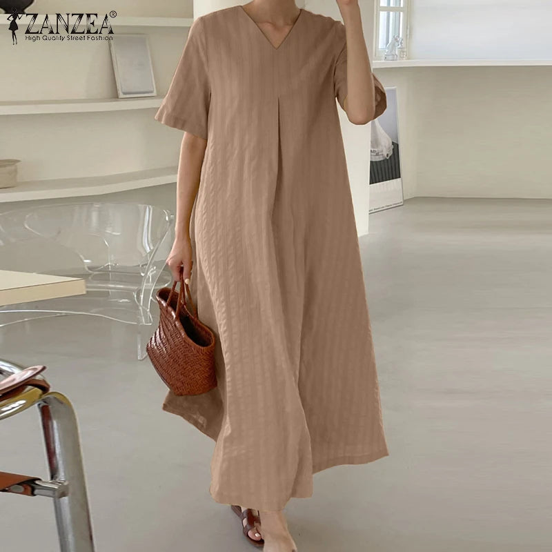 ZANZEA Elegant Women V Neck Short Sleeve Sundress Summer Fashion Casual Loose Maxi Dress Robe Femme Holiday Vestido Oversize GONZALES ONLINE SHOP