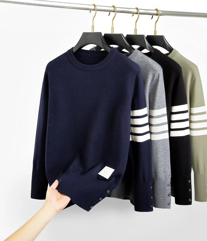 High end brand round neck sweater men's autumn and winter 2023 new classic four stripe trend hem split Korean casual pullover GONZALES ONLINE SHOP