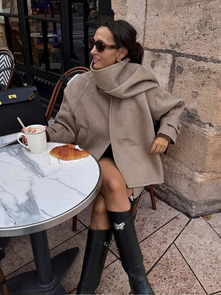 Fashion Solid Woolen Coat With Scarf Elegant Long Sleeve Single Breasted Pockets Jackets 2024 Winter Female Chic Street Outwear GONZALES ONLINE SHOP