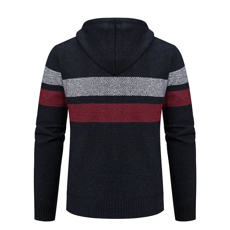 2023 New Autumn and Winter Striped Hooded Sweater Men's Coat with Velvet Padded Warm Knit Cardigan GONZALES ONLINE SHOP