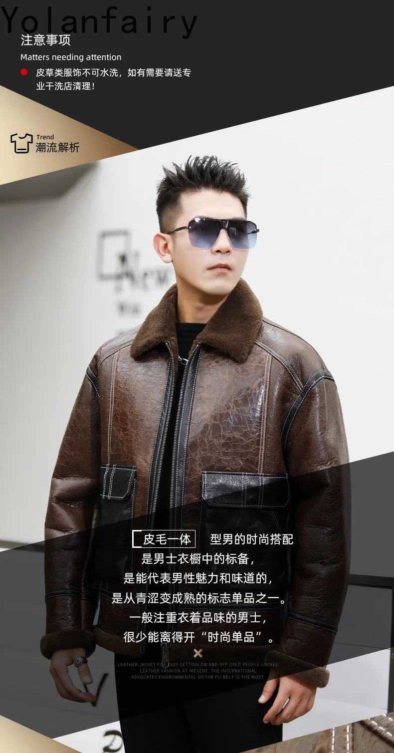 YOLANFAIRY Genuine Sheepskin Jacket Mens Real Fur Coat Winter Clothes Cropped Leather Jacket Men Wool Jacket Men Бомбер 2024 GONZALES ONLINE SHOP