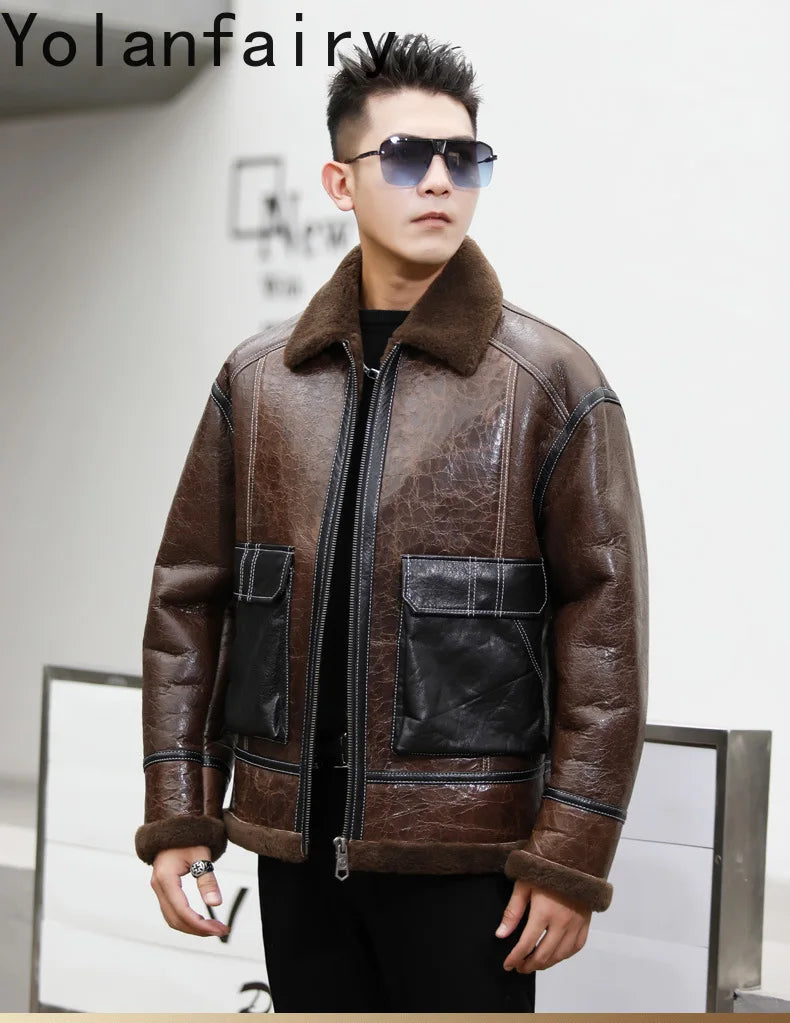 YOLANFAIRY Genuine Sheepskin Jacket Mens Real Fur Coat Winter Clothes Cropped Leather Jacket Men Wool Jacket Men Бомбер 2024 GONZALES ONLINE SHOP