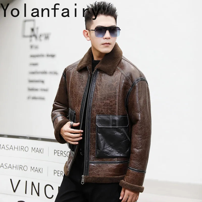 YOLANFAIRY Genuine Sheepskin Jacket Mens Real Fur Coat Winter Clothes Cropped Leather Jacket Men Wool Jacket Men Бомбер 2024 GONZALES ONLINE SHOP