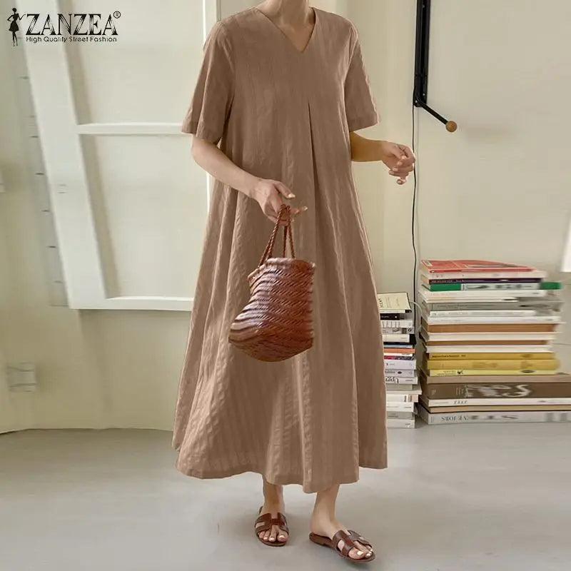 ZANZEA Elegant Women V Neck Short Sleeve Sundress Summer Fashion Casual Loose Maxi Dress Robe Femme Holiday Vestido Oversize GONZALES ONLINE SHOP