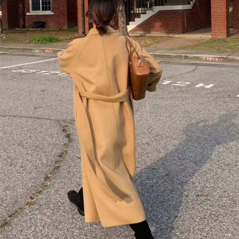 Women Elegant Long Woolen Coat with Belt Autumn Winter New Fashion Solid Lapel Long Sleeve Chic Outerwear Ladies Casual Overcoat GONZALES ONLINE SHOP