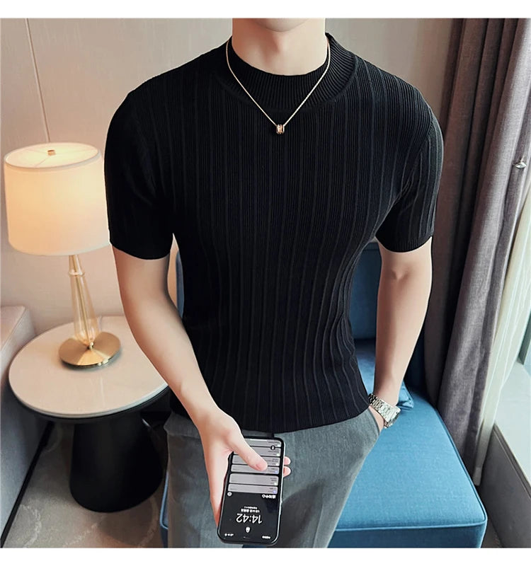 Men's High-End Casual Short Sleeve knitting Sweater/Male High collar Slim Fit Stripe Set head Knit Shirts Plus size S-4XL GONZALES ONLINE SHOP