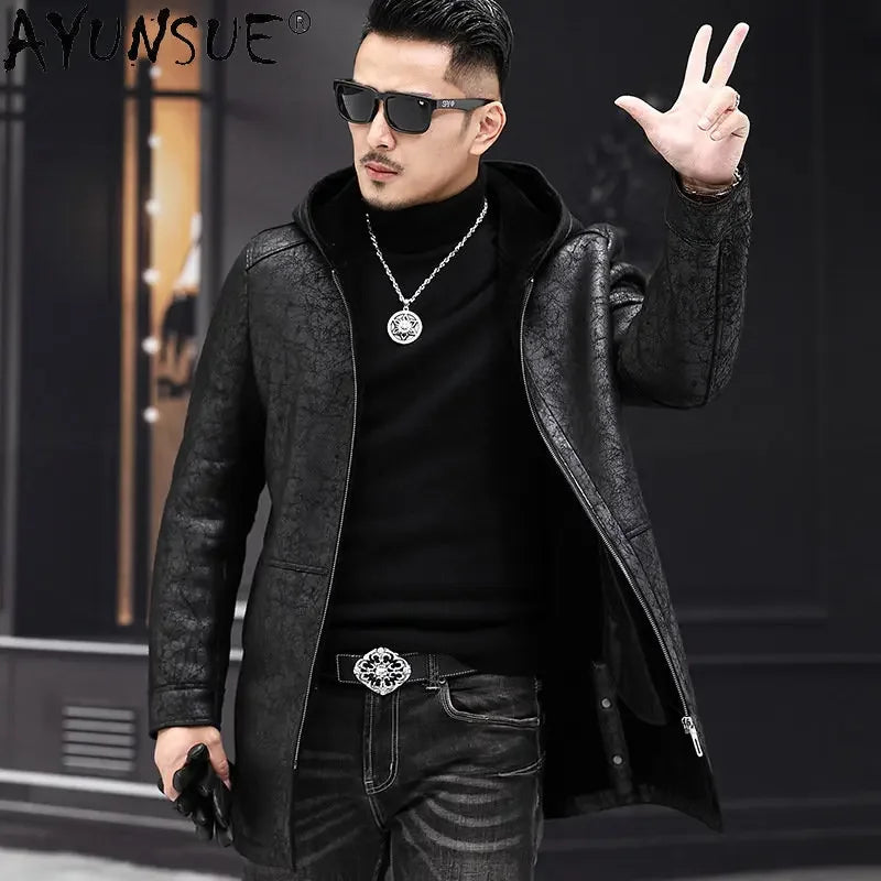 AYUNSUE Winter Coat Men 2022 Warm Hooded Jacket for Men Style 100% Wool Fur Coats Mid-length Black Wool Jackets Business Abrigos GONZALES ONLINE SHOP