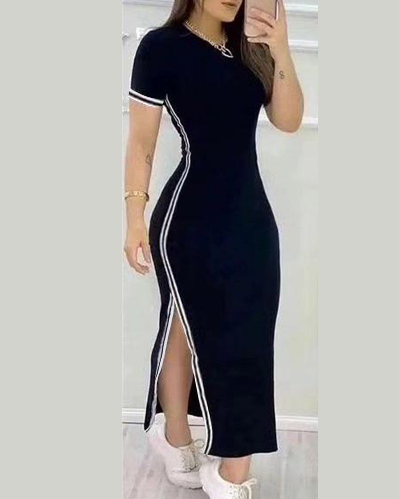 Womens Dresses Spring Fashion Striped High Slit Casual 0-Neck Short Sleeve Daily Skinny Maxi A-Line Dress Woman Clothing GONZALES ONLINE SHOP