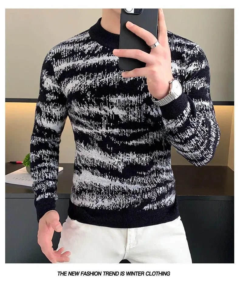 Autumn Winter Velvet Knitted Sweater Men Long Sleeve Casual Business Sweaters Comfortable Warm Versatile Social Pullover Tops GONZALES ONLINE SHOP