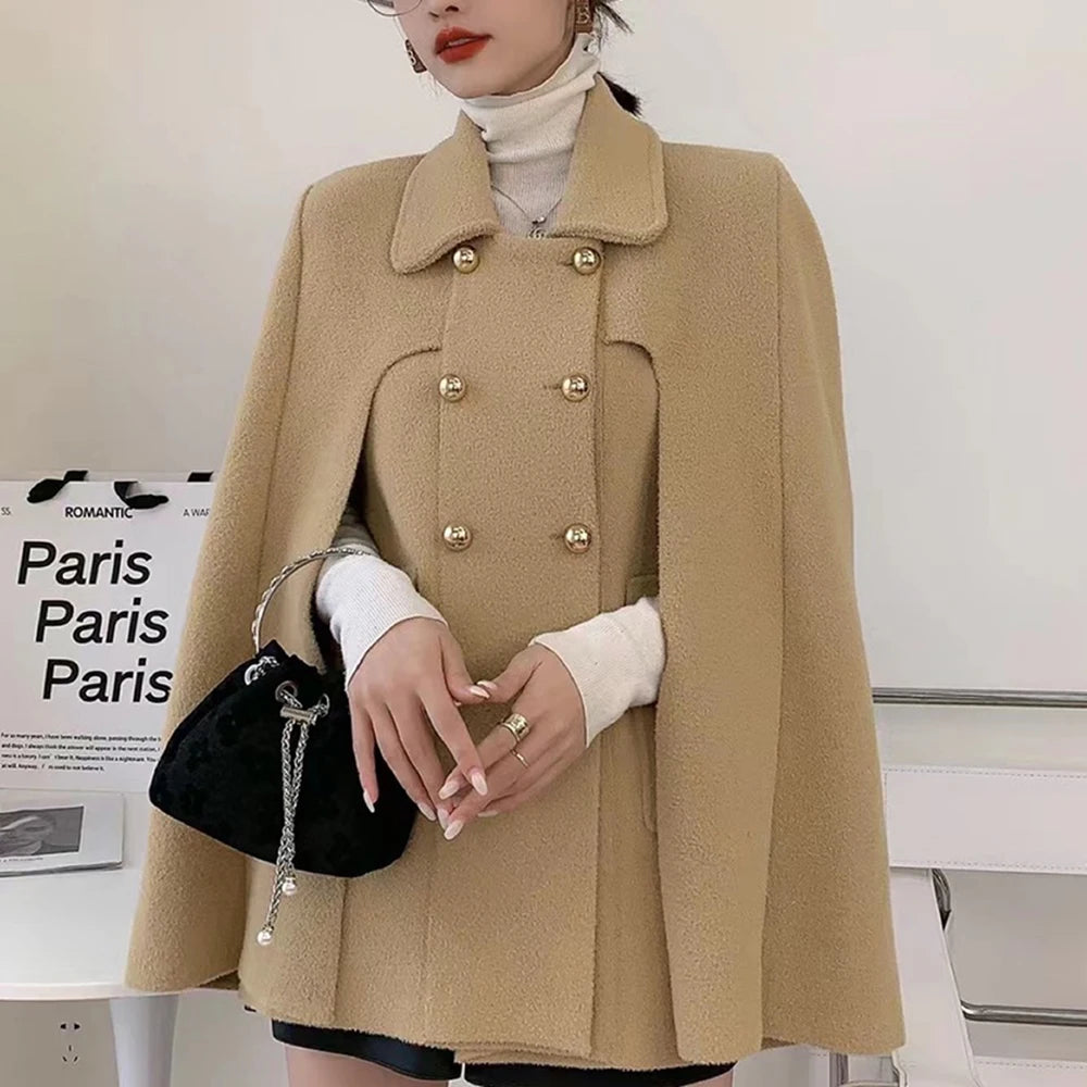 TWOTWINSTYLE Solid Patchwork Pocket Chic Coat For Women Lapel Cloak Sleeve Spliced Double Breasted Elegant Coats Female Style GONZALES ONLINE SHOP