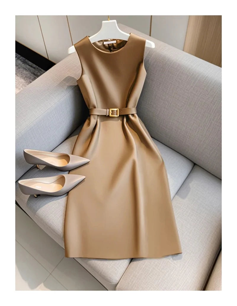 Elegant Women's Formal Dress With Belt Summer New Fashion Solid Color O-Neck Sleeveless High Waist OL Midi Party Vestidos 223P GONZALES ONLINE SHOP