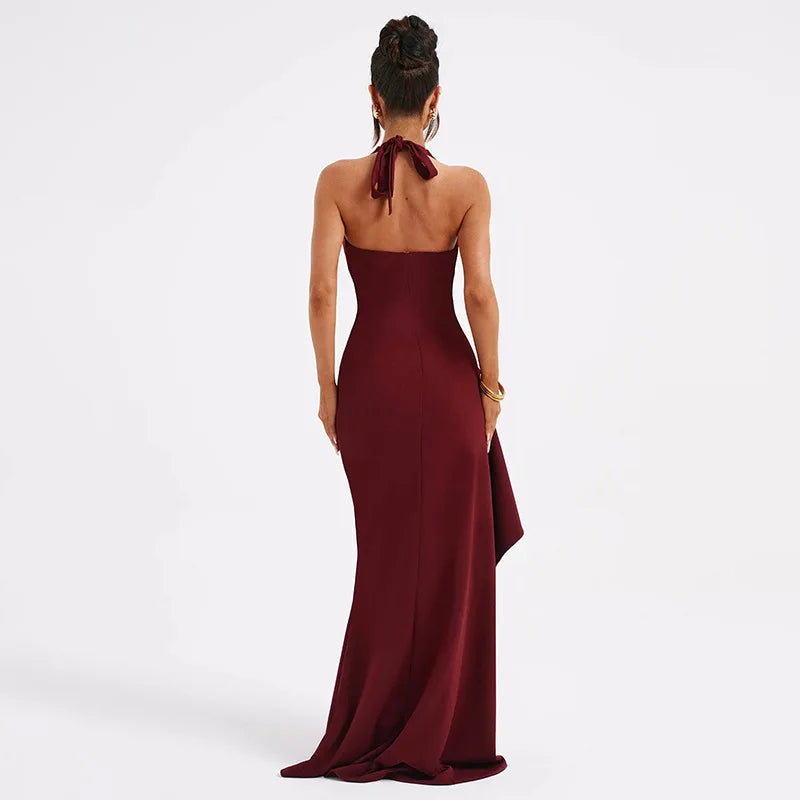 Cryptographic Halter V Neck Split Long Dress Gown Club Party Elegant Summer Outfits for Women Sexy Backless Maxi Dresses Vestido GONZALES ONLINE SHOP