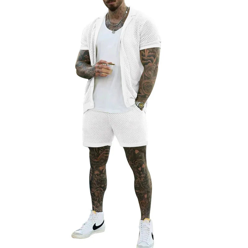 Summer New Men Shorts Mesh Hollow Out Knitted Casual Sports Lapel T-Shirt Short Sleeve Solid Beach Suit Men's 2 Pieces Set Suits GONZALES ONLINE SHOP