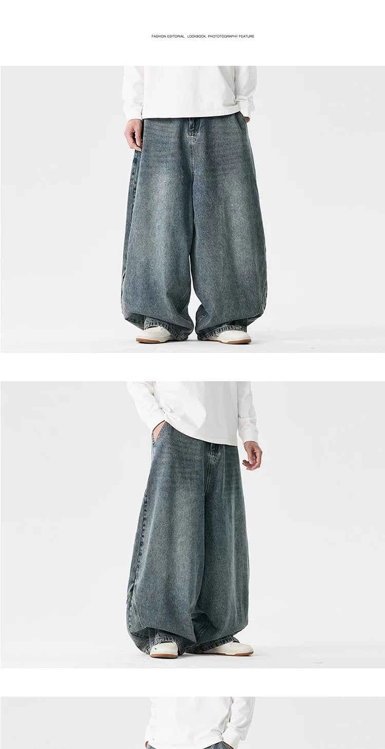 Denim Wide Leg Pants Mens Fashion Casual Pants Loose Hip Hop Lantern Pants Streetwear Jeans Male Elastic Waist Trousers Oversize