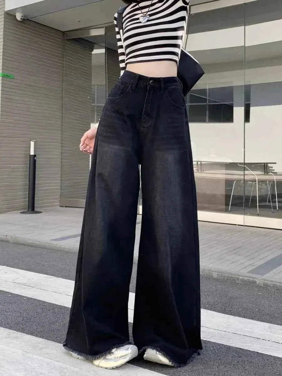 Elegant Chic American Vintage Black Wide Leg Jeans Women High Waist Loose Fit Slimming Draping Raw Hem Floor Length Denim