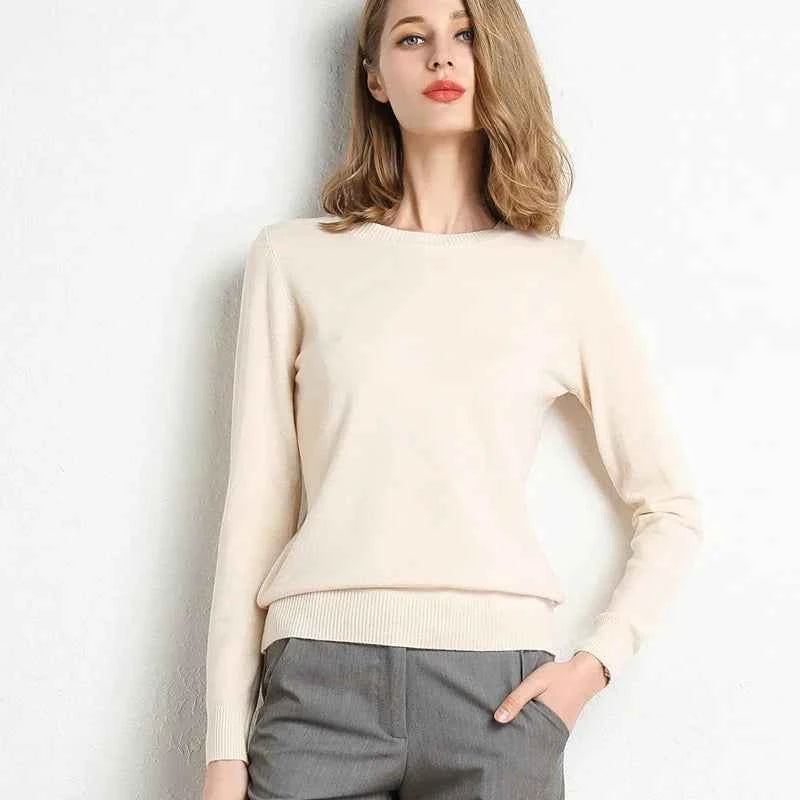 Women Slim O-Neck Solid Pullover Cashmere Wool Blending Sweater Autumn And Winter Long-Sleeved Knit Bottoming Shirt Large Size
