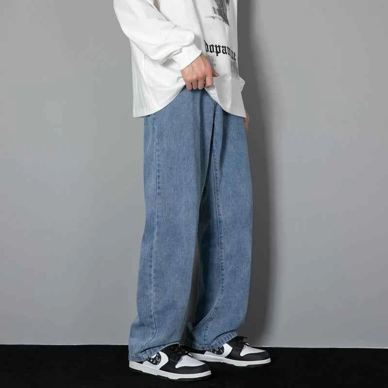 2026 New Korean Men's Casual Long Jeans Classic Man Straight Denim Wide-leg Pants Solid Color Light Blue Grey Black