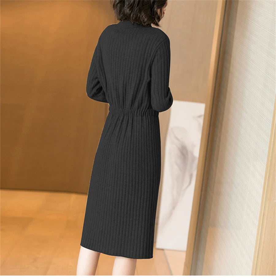 Elegant Knitted Sweater Dress Fashion Korean Long Sleeve Drawstring Waist Dresses Fall Vintage Women Mid-length Vestidos New GONZALES ONLINE SHOP