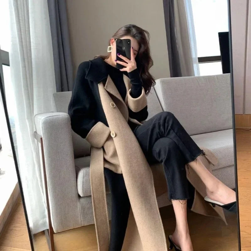 Women Patchwork Long Blends Coat Autumn Winter Turn Collar Single Breasted Coats Commute Elegant Parkas New Chic Warm Outwears GONZALES ONLINE SHOP