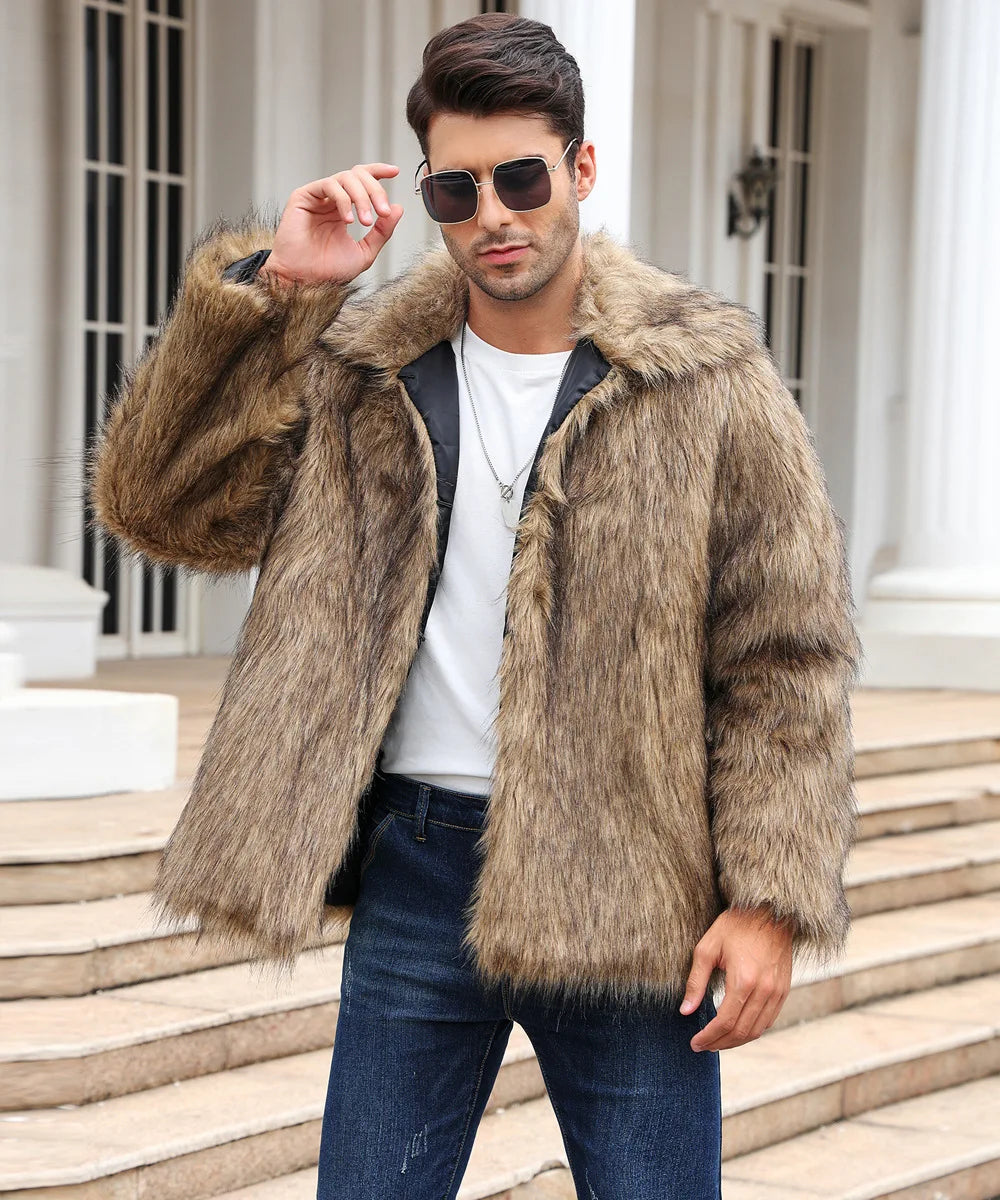 Men Faux Fox Fur Jacket Coat Winter Thick Fluffy Long Sleeve Lapel Warm Shaggy Outerwear Luxury Fur Jacket Bontjas Jackets Mens GONZALES ONLINE SHOP