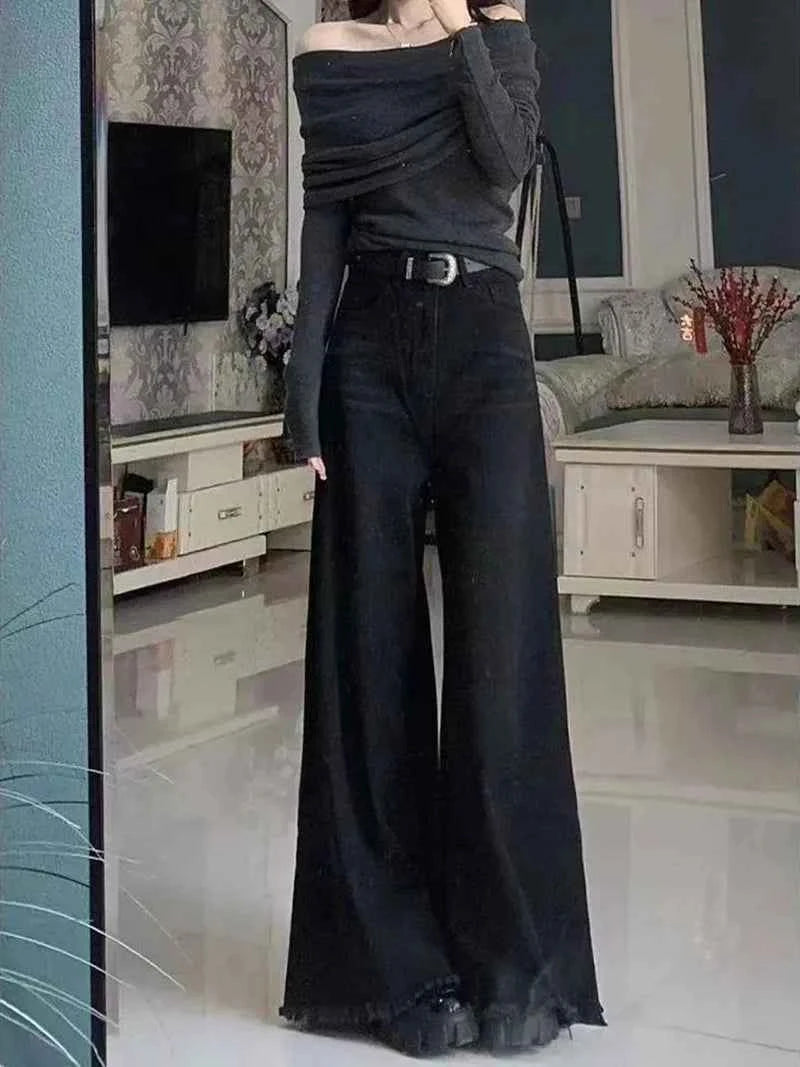 Black Wide Leg Jeans Women Autumn Vintage Raw Edge Tassels Bootcut Denim Pants Loose High Waist Streetwear Harajuku Trouser New