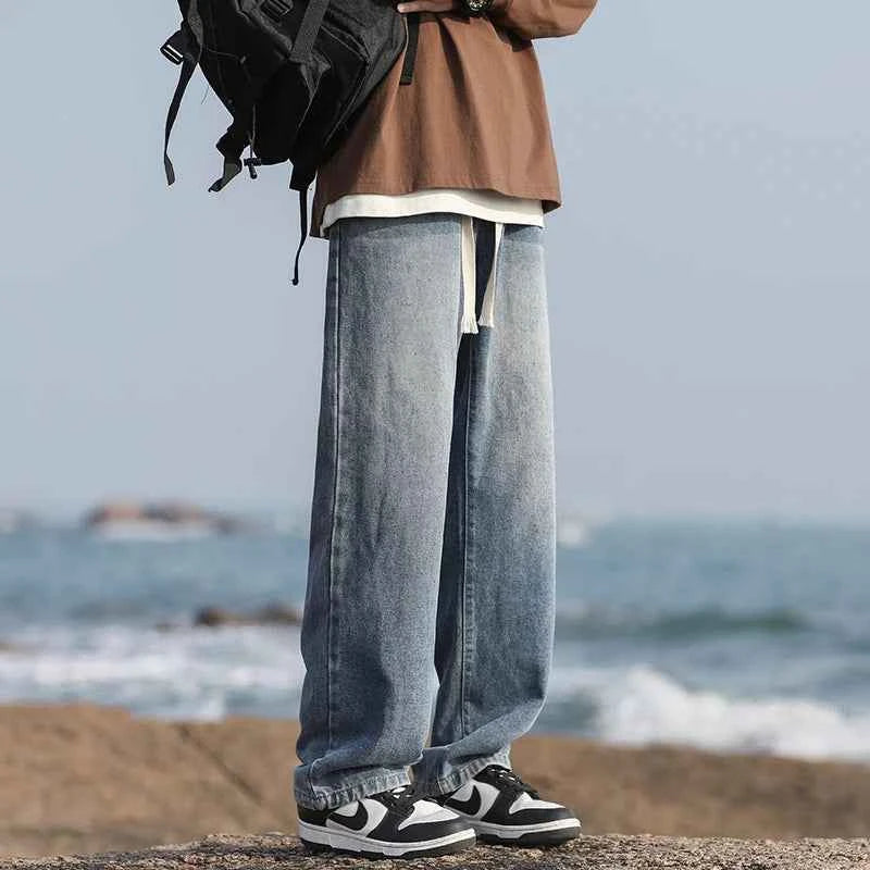 Men's summer loose straight leg pants with elastic drawstring, casual jeans, comfortable, fashionable and trendy jeans