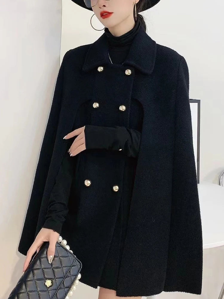 TWOTWINSTYLE Solid Patchwork Pocket Chic Coat For Women Lapel Cloak Sleeve Spliced Double Breasted Elegant Coats Female Style GONZALES ONLINE SHOP