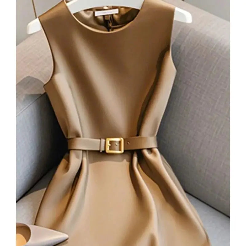 Elegant Women's Formal Dress With Belt Summer New Fashion Solid Color O-Neck Sleeveless High Waist OL Midi Party Vestidos 223P GONZALES ONLINE SHOP