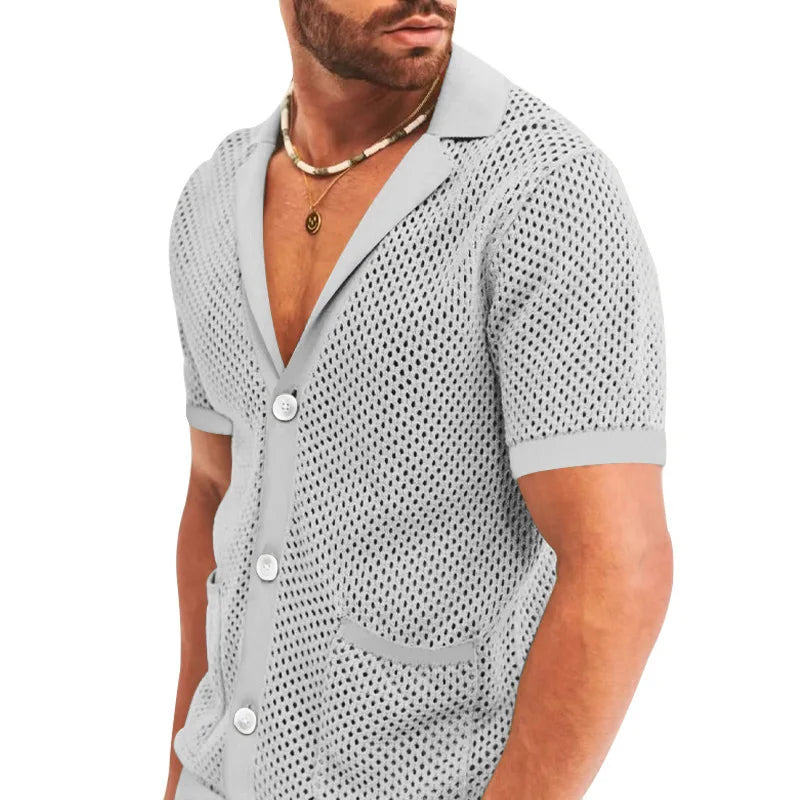 Summer New Men Shorts Mesh Hollow Out Knitted Casual Sports Lapel T-Shirt Short Sleeve Solid Beach Suit Men's 2 Pieces Set Suits GONZALES ONLINE SHOP