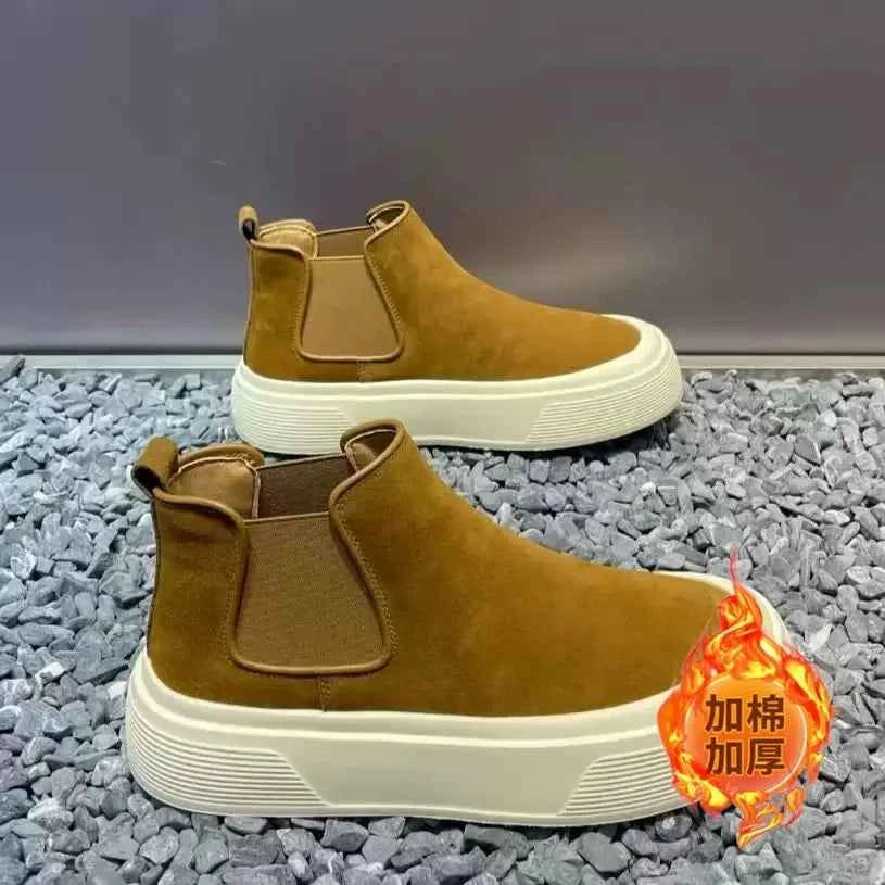 Men's shoes 2026 spring new fashion high top casual thick soled board shoes outdoor anti slip warm suede cotton shoes