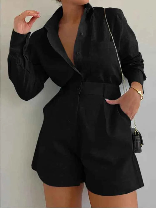 Women Long Sleeve 2 Pieces Sets Casual Simple Button Pockets Short Pant with Shirts Tops 2026 Summer Fashion Suit Female Outfits