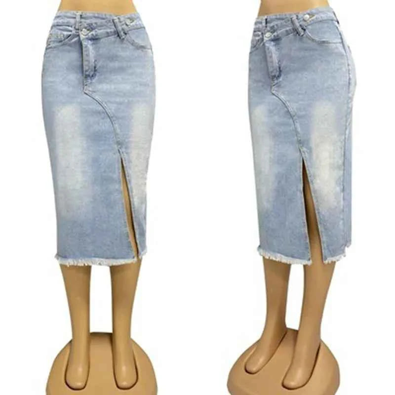 DongCMY Luxury Fashion Spring And Summer New Retro Denim Skirt Women's Fashion Slit Splicing Mid-length A-line Skirt