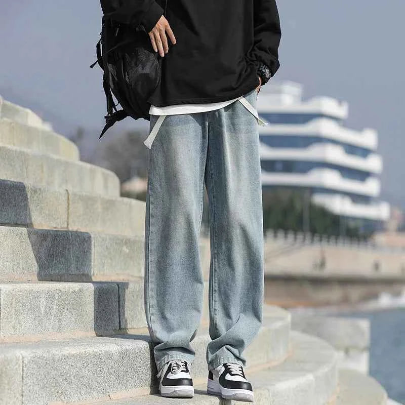 Men's summer loose straight leg pants with elastic drawstring, casual jeans, comfortable, fashionable and trendy jeans