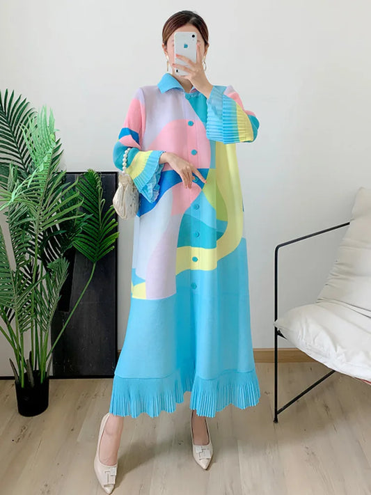 Miyake Maxi Pleated Dress for Women Lapel Single Breasted Long Sleeves Color Block Tassel Hem Loose Chic Elegant Luxury Clothing GONZALES ONLINE SHOP