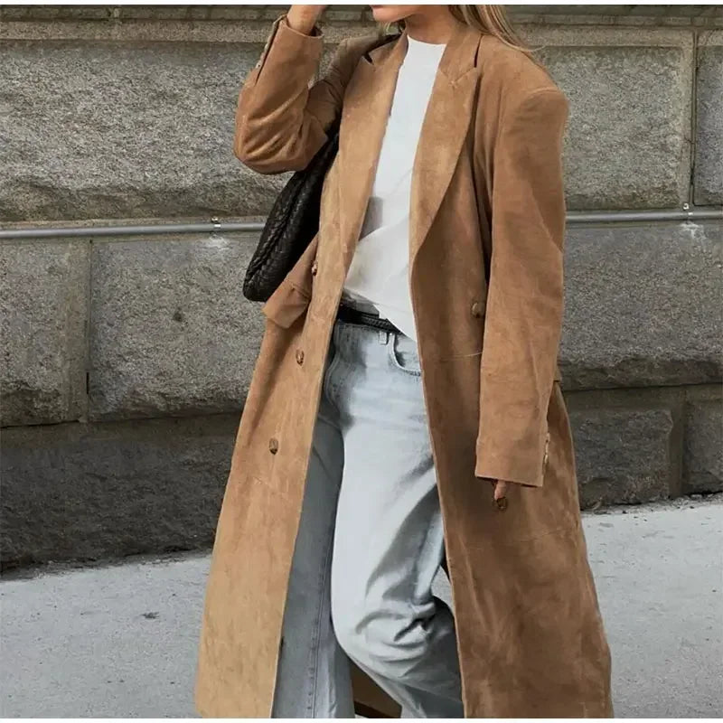 Women Fashion Double Breasted Solid Suede Overcoats Elegant Lapel Full Sleeves Pocket Long Coat Autumn Chic Lady Commute Outwear GONZALES ONLINE SHOP