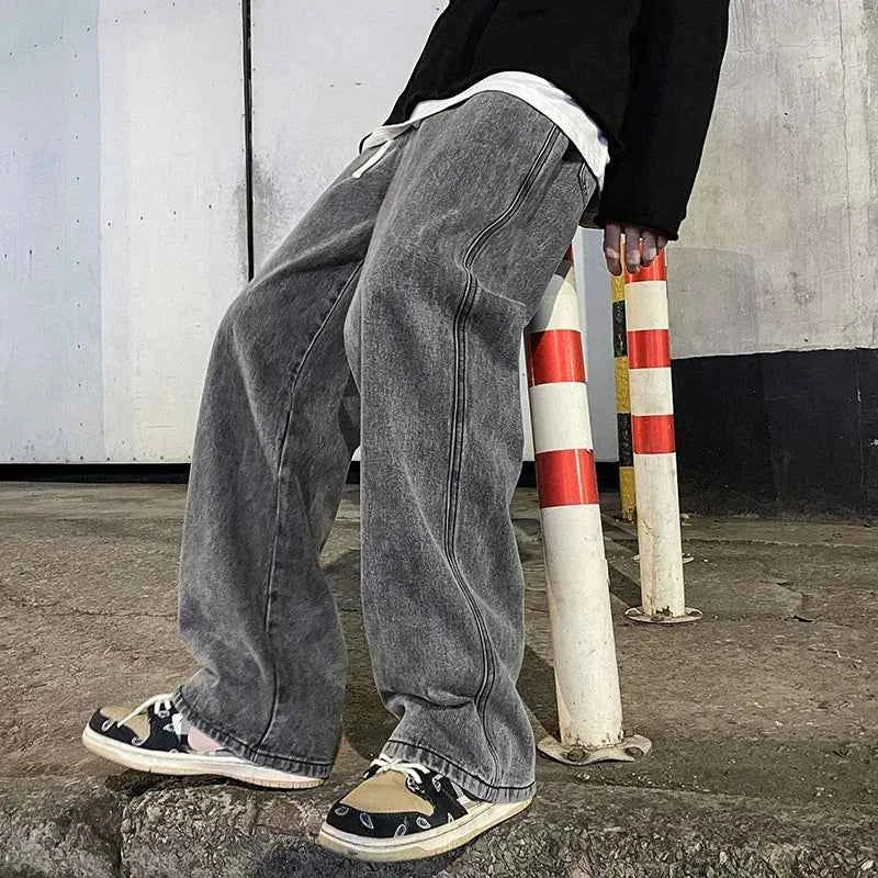 Spring and Autumn new American drawstring jeans for men, loose and versatile casual pants, trendy washed men's pants