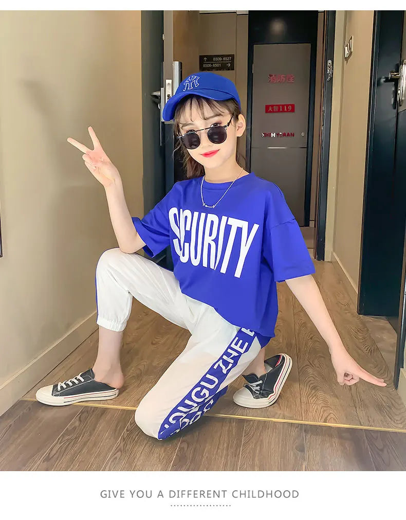 2024 Teen Girls Sport Suit letters short t-shirt + striped Pants Children Set Tracksuit Kids Leggings 5 8 12 9 14 Years Clothing GONZALES ONLINE SHOP