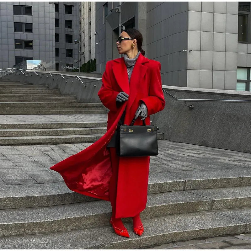 New Red Elegant Turndown Collar Women's Woolen Overcoat Vintage Full Sleeves Loose Commute Long Coat 2024 Lady Chic Fall Outwear GONZALES ONLINE SHOP