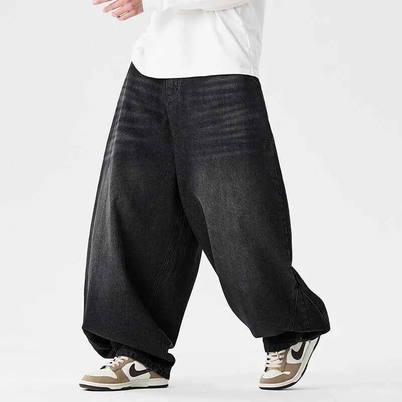 Denim Wide Leg Pants Mens Fashion Casual Pants Loose Hip Hop Lantern Pants Streetwear Jeans Male Elastic Waist Trousers Oversize