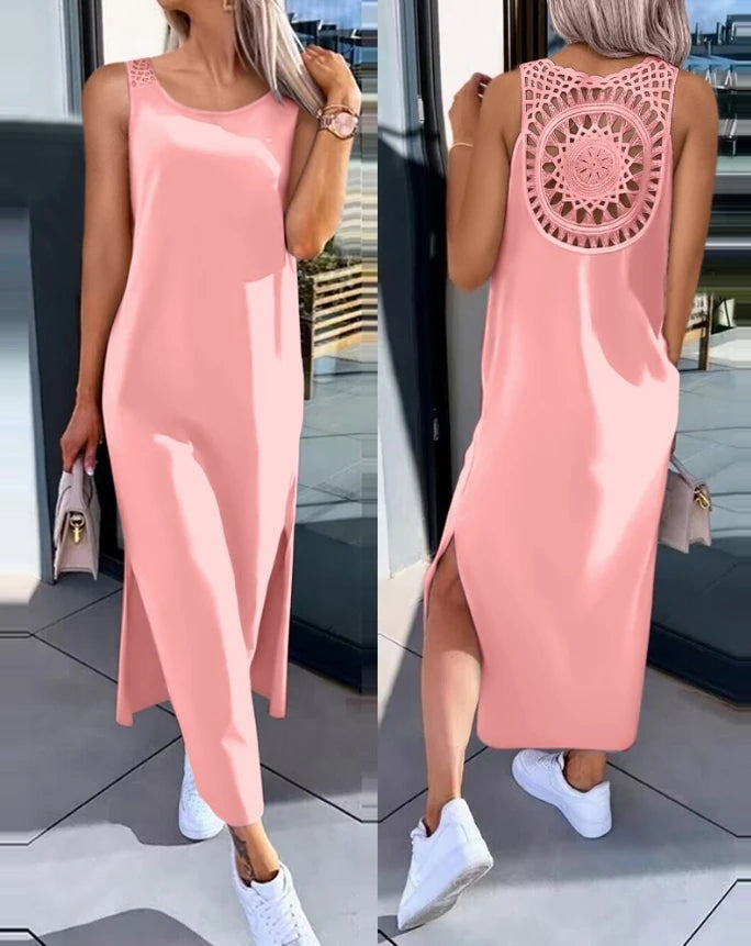 Women's Commuter Dress 2024 Spring/summer Latest Solid Color Round Neck Sleeveless Slit Hollow Out Casual Daily Dress Long Skirt GONZALES ONLINE SHOP