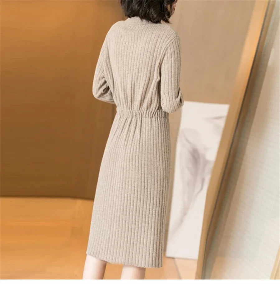 Elegant Knitted Sweater Dress Fashion Korean Long Sleeve Drawstring Waist Dresses Fall Vintage Women Mid-length Vestidos F282 GONZALES ONLINE SHOP