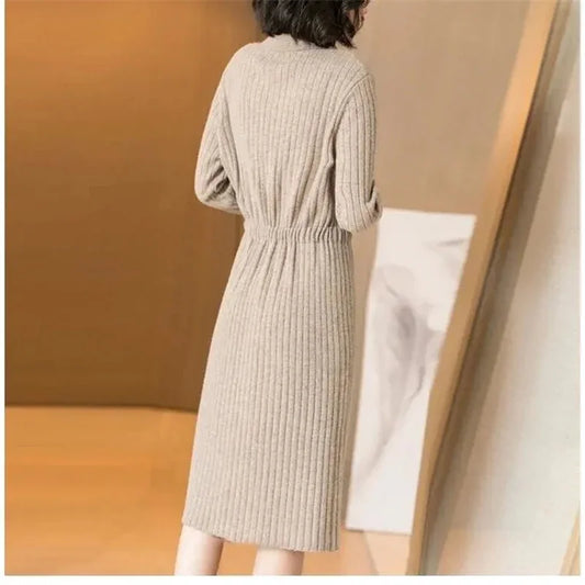 Elegant Knitted Sweater Dress Fashion Korean Long Sleeve Drawstring Waist Dresses Fall Vintage Women Mid-length Vestidos F282 GONZALES ONLINE SHOP