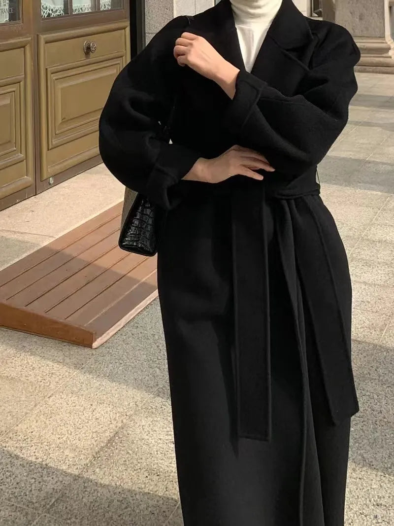 Women Elegant Long Woolen Coat with Belt Autumn Winter New Fashion Solid Lapel Long Sleeve Chic Outerwear Ladies Casual Overcoat GONZALES ONLINE SHOP