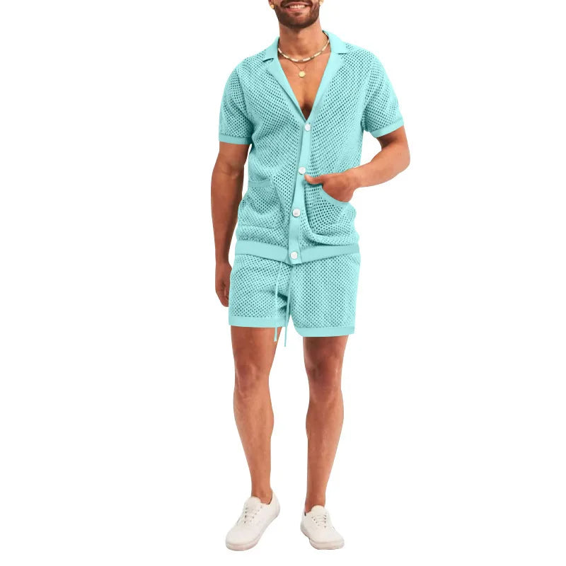 Summer New Men Shorts Mesh Hollow Out Knitted Casual Sports Lapel T-Shirt Short Sleeve Solid Beach Suit Men's 2 Pieces Set Suits GONZALES ONLINE SHOP