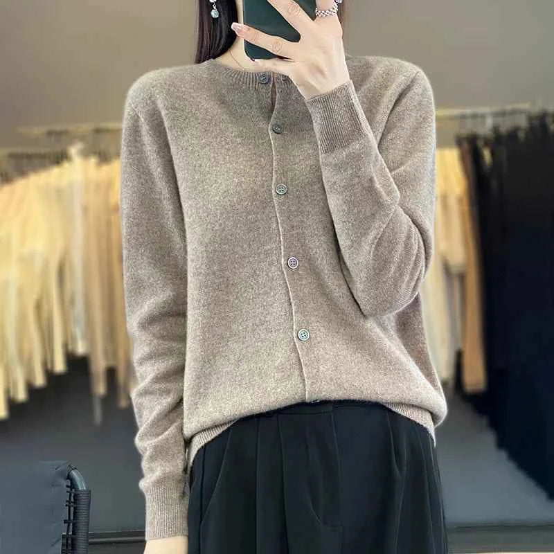 100% Merino Wool Sweater Women O-Neck Cardigan Basic Style  Buttoned Knitwear Female Casual Autumn Winter Soft Tops