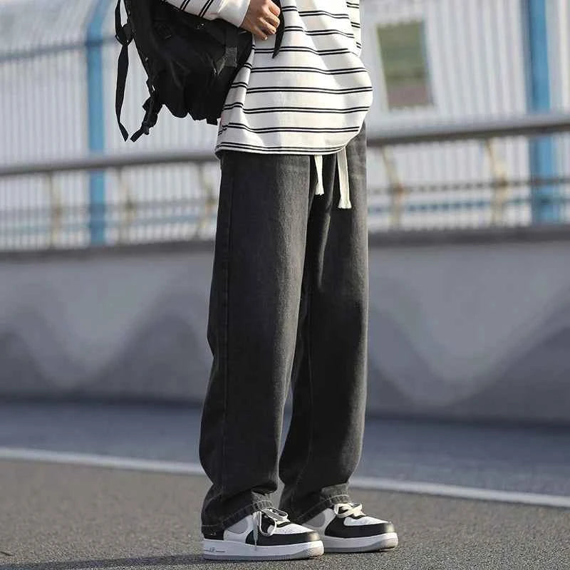 Men's summer loose straight leg pants with elastic drawstring, casual jeans, comfortable, fashionable and trendy jeans